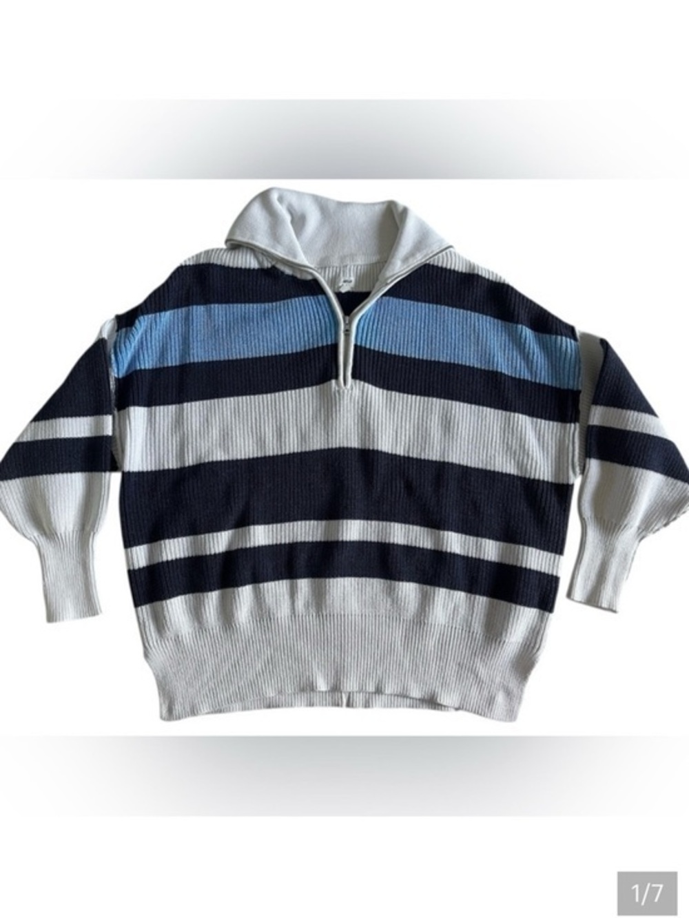 aerie knit Ribbed Half-Zip Sweater in White, Navy & Light Blue